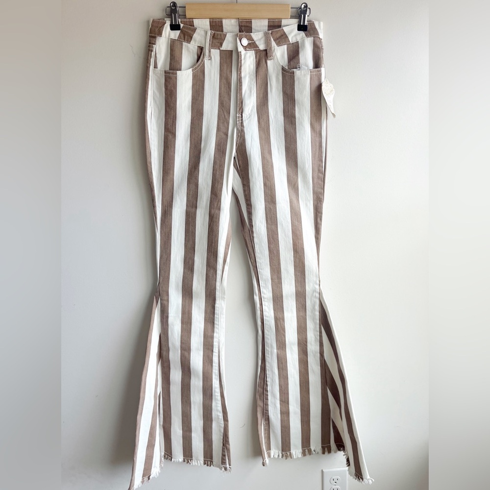 Altar'd State Beige and White Striped Flare Jeans